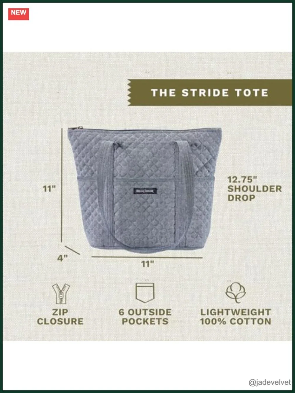 Lightweight Quilted Cotton Tote Bag with 10 Pockets